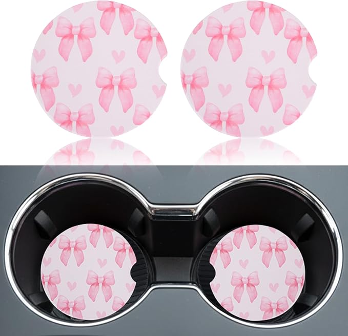 2 Pack Bow Car Coasters for Women Car Cup Holder Coasters, 2.63 Inch Anti Slip Ceramic Absorbent Coaster with Cork Base and Finger Notch, Cute Car Accessories Interior