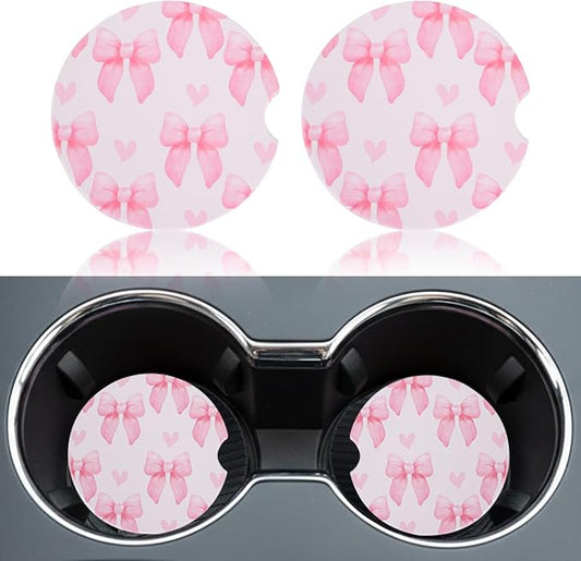 2 Pack Bow Car Coasters for Women Car Cup Holder Coasters, 2.63 Inch Anti Slip Ceramic Absorbent Coaster with Cork Base and Finger Notch, Cute Car Accessories Interior