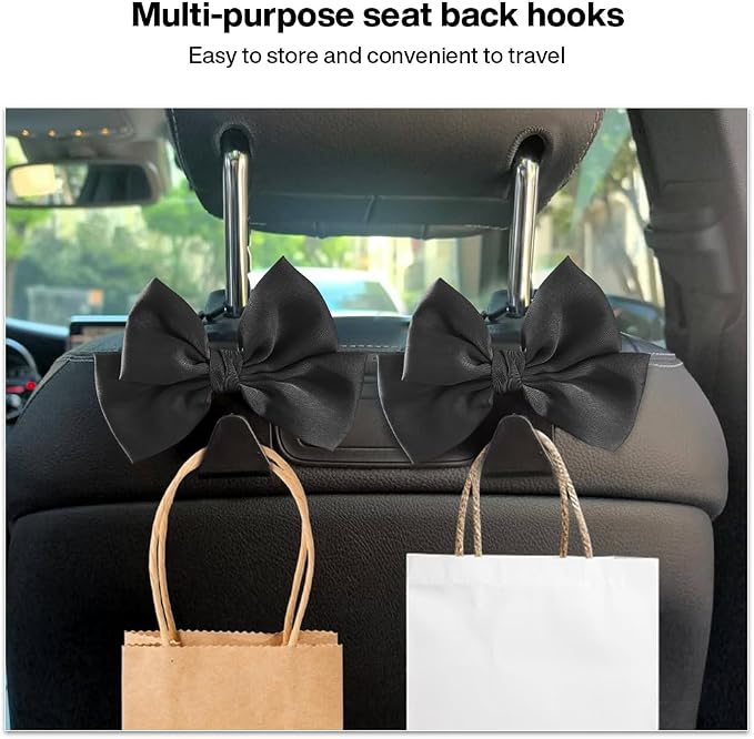 2-Pack Car Seat Headrest Hooks, Handbag Hangers, Black silk | Storage organizer for handbags, clothes, coats and grocery bags; practical interior accessory for most cars and SUVs