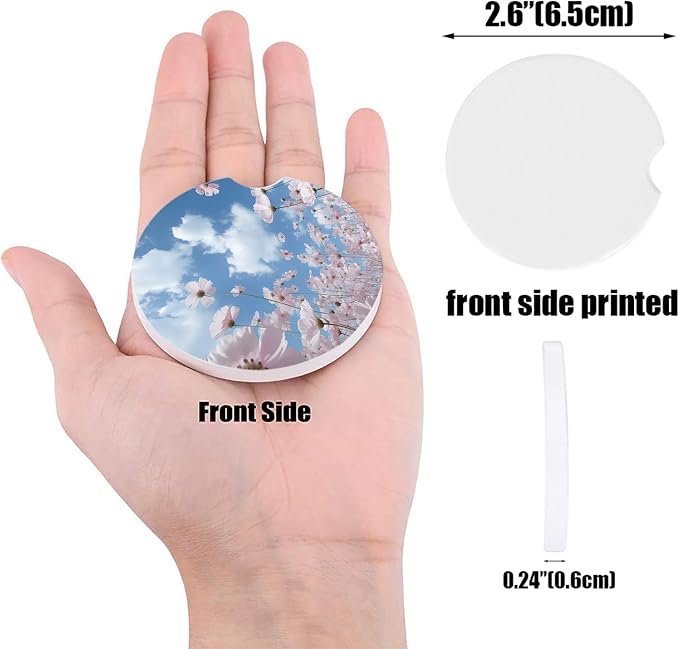 Small Coasters for Cup Holders 2.6" Dia Absorbent Set of 4 Car Interior Accessories for Women Men Ceramic Coaster for Drinks With Finger Grooves, Blue Sky Clouds Pink Flowers