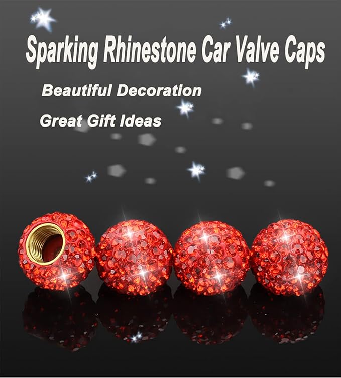 Car Wheel Tire Valve 4 Pack Handmade Crystal Rhinestone Tire Valve Stem Air Caps Cover Bling Car Accessories (Red)