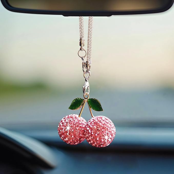 Bling Cherry Car Hanging Ornament, Cute Crystal Rear View Mirror Pendant, Sparkly Diamond Rearview Mirror Charms, Lucky Car Interior Decor Accessories (Pink)