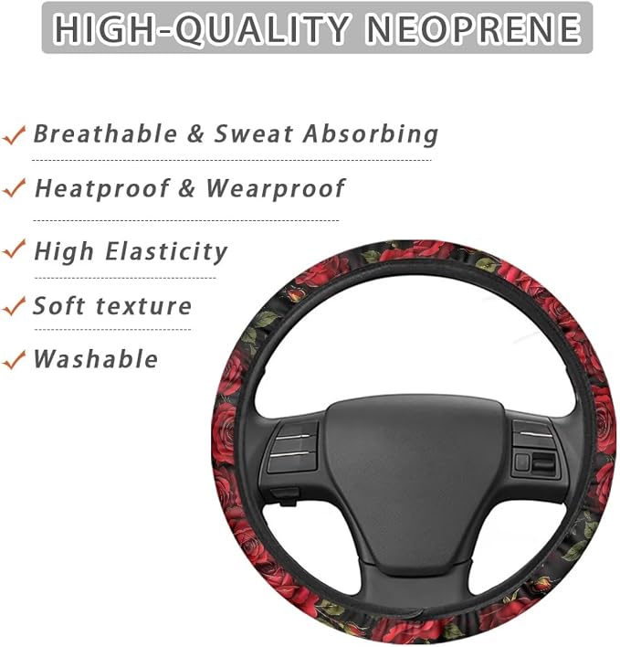 AFPANQZ 14-15 in Car Steering Wheel Cover Stretch-on Comfortable Grip | Universal Fit Most Car Sedans SUVs, Red Rose Print, Breathable Steering Wheel Protector