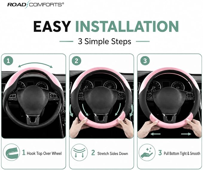 Road Comforts Steering Wheel Cover – Breathable Leather Steering Wheel Cover, Anti-Slip Grip, Universal Fit 14.5” to 15”, Heat & Cold Resistant for Cars, SUVs, and Trucks – Black & Shining Pink