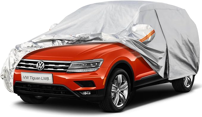 Kayme 6 Layers SUV Car Cover Custom Fit for VW Volkswagen Tiguan Allspace LWB (2018-2025) Waterproof All Weather for Automobiles, Outdoor Full Cover Rain Sun UV Protection.Silver