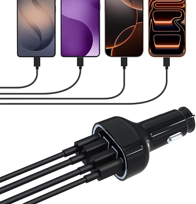 USB C Car Charger Adapter, PD 3.2 QC 5.0 Fast Charging, 4-Port Multi Car Phone Charger Compatible with iPhone 17 16 14 13 Pro Max, Galaxy S25 24 Ultra