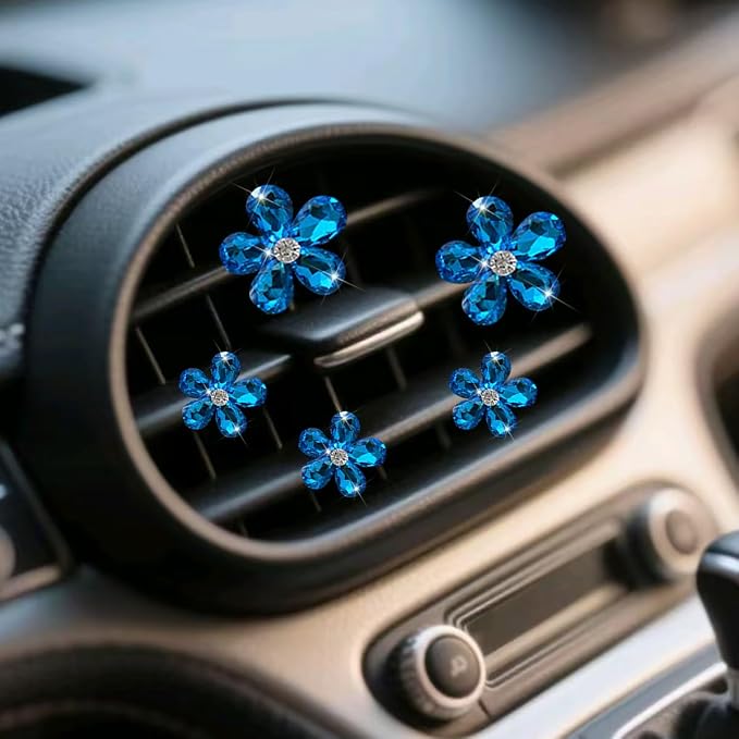 Zpana Bling Daisy Flower Car Air Vent Clips, 5PCS Sparkling Crystal Rhinestone Cute Vehicle Air Conditioning Clamp, Diamond Auto Air Outlet Clip Decor for Women Girls, Universal Fit (Blue)