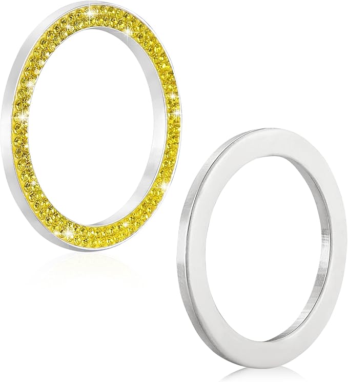WINKA 2pcs Bling Car Engine Start Button Cover Diamond Crystal Push Start Stop Button Ring Sparkly Bling Ignition Button Cover Rhinestone Keyless Ignition Ring Universal Car Accessories (Yellow)