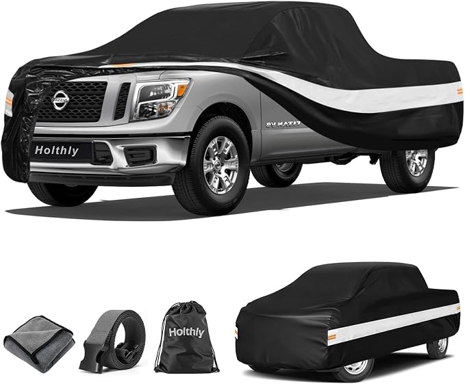 10 Layers Truck Cover Waterproof All Weather Custom Fit Nissan Titan(2015-2026) Crew Cab Short Bed, Outdoor Full Exterior Pickup Car Cover for Automobiles Sun Rain Snow Ice Protection. Black
