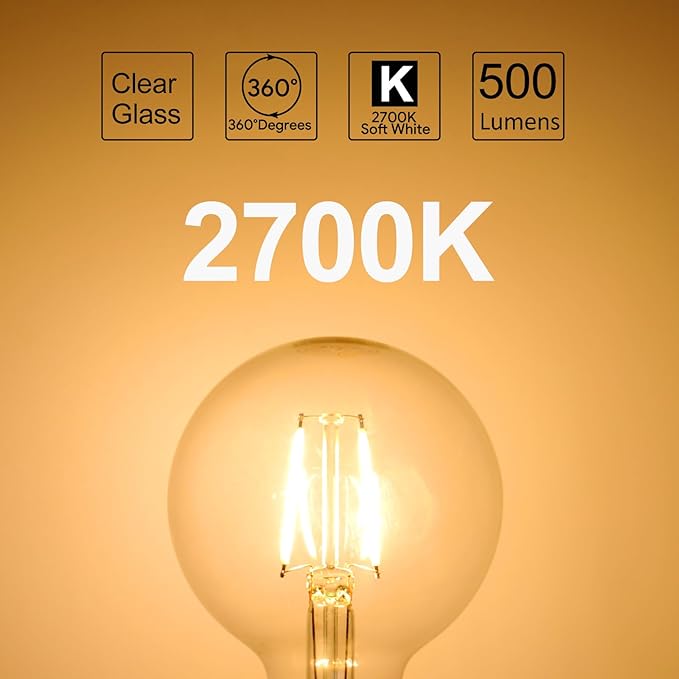 E ENERGETIC LIGHTING 5W Dimmable G25 LED Globe Light Bulb, G25 LED Vintage Light Bulb, 60W Equivalent, 500Lumens, 2700K Soft White, E26 Base, ETL Listed, 6-Pack