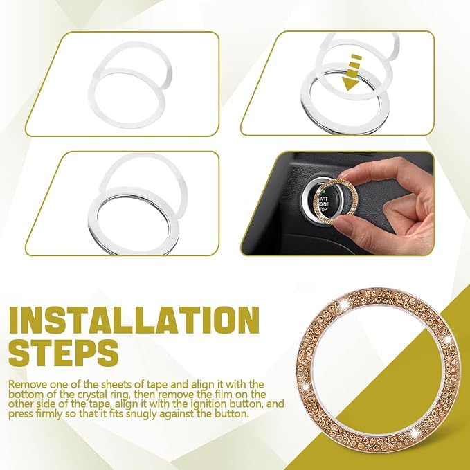 Bling Car Crystal Rhinestone Ring Emblem Sticker, Push to Start Button Cover/Sticker, Key Ignition Starter & Knob Ring, Car Interior Decoration Bling Car Accessories for Women