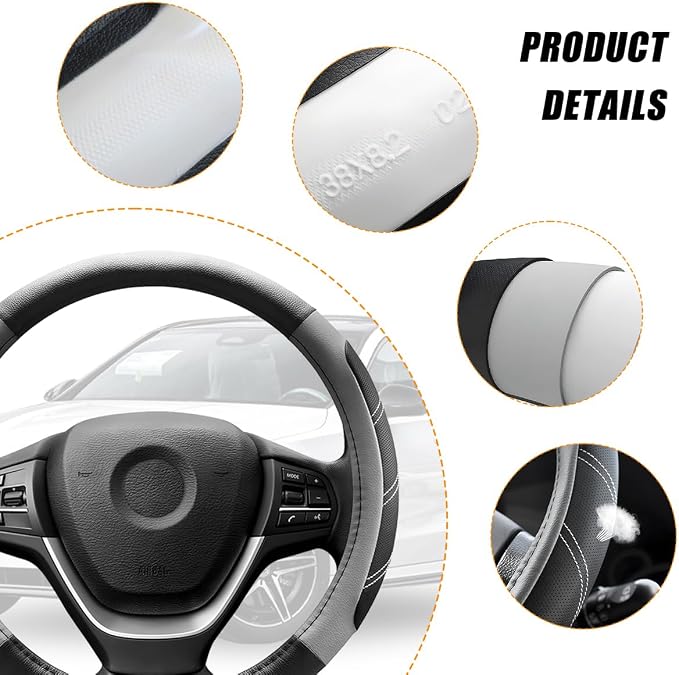 Zpana Car Steering Wheel Cover, 15 Inch Carbon Fiber Leather Non-Slip Steering Wheel Protector with Lining, Breathable Automotive Interior Accessories, Universal for SUV RV Truck (Gray)