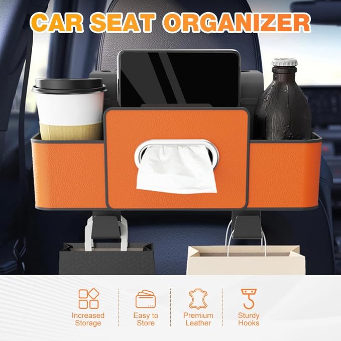 3-in-1 Car Backseat Organizer with Cup Holder, Tissue Box, Trash Bin & Hooks,Multifunctional Back Seat Car Organizer for Hold Phones,Snacks,Drinks,and Handbags (Black)