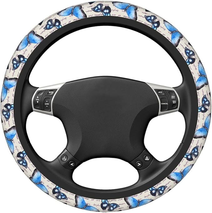 Vintage Butterfly Blue Steering Wheel Cover for Women Men Girls Car Accessories Decor Anti-Slip Neoprene Auto Steering Wheel Covers Protector Universal 15 Inch