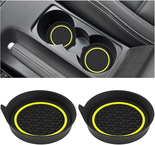 HZEL Car Cup Holder Coasters, 2PCS Non Slip Waterproof Vehicle Water Bottle Pads, Recessed Automotive Drink Mat Decoration Accessories, Universal Fit (Yellow/Black)