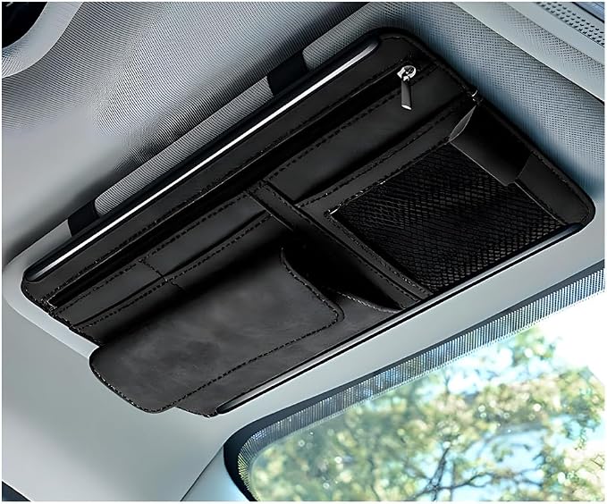Yourkar Car Sun Visor Organizer, Soft Leather Surface Eyeglasses Note Card Holder Car Storage Bag, Scratch-Resistant Waterproof Auto Sunshade Organizer Bag, Car Accessories (Black)