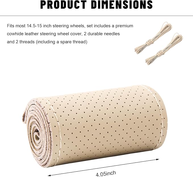 Genuine Leather Steering Wheel Cover, 15 Inch Stitch on Steering Wheel Protector with Needle & Thread, Anti-Slip DIY Sewing Wheels Wrap for Most Vehicles (Beige, Full Hole)