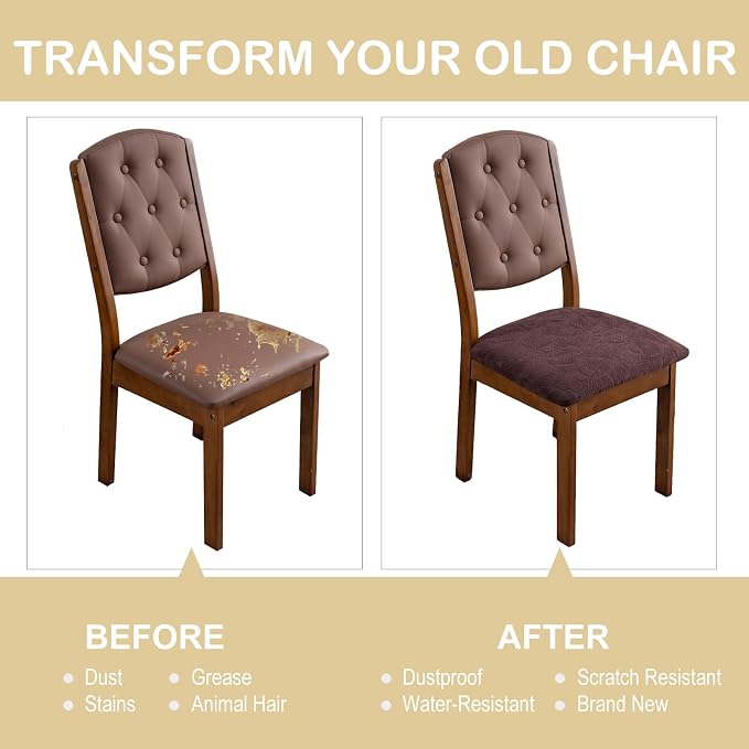 Waterproof Chair Seat Cover for Dining Room-Stretchy Washable Chair Seat Covers Set of 4-Kitchen Chair Seat Slipcovers Protector for Home Restaurant Banquet (Chocolate,Large)