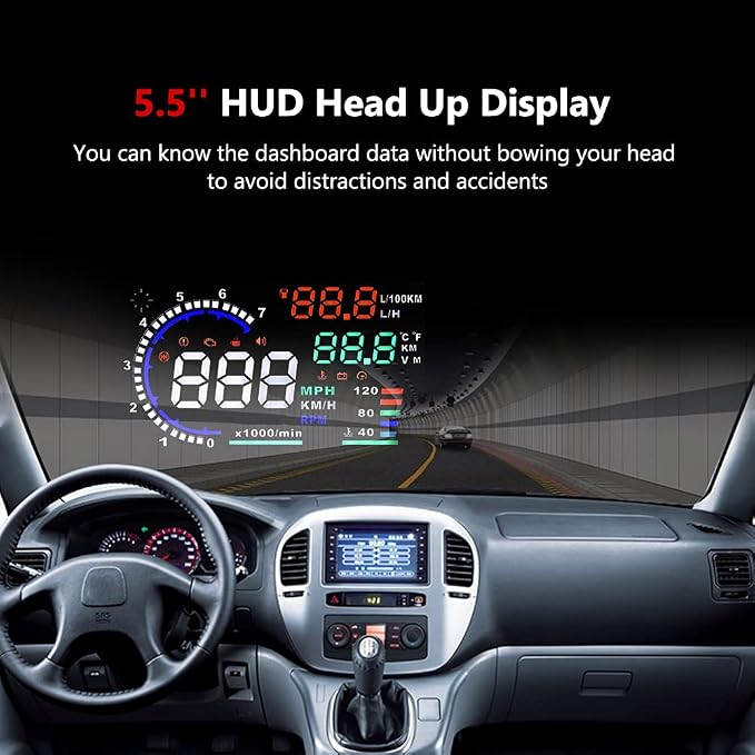 5.5'' HUD Head Display Multi-Color Windshield Screen Projector Vehicle Speed, Vehicle Hud Overspeed Alarm, Display Km/h MPH, OBDII/EUOBD Interface Plug Hud Display Car