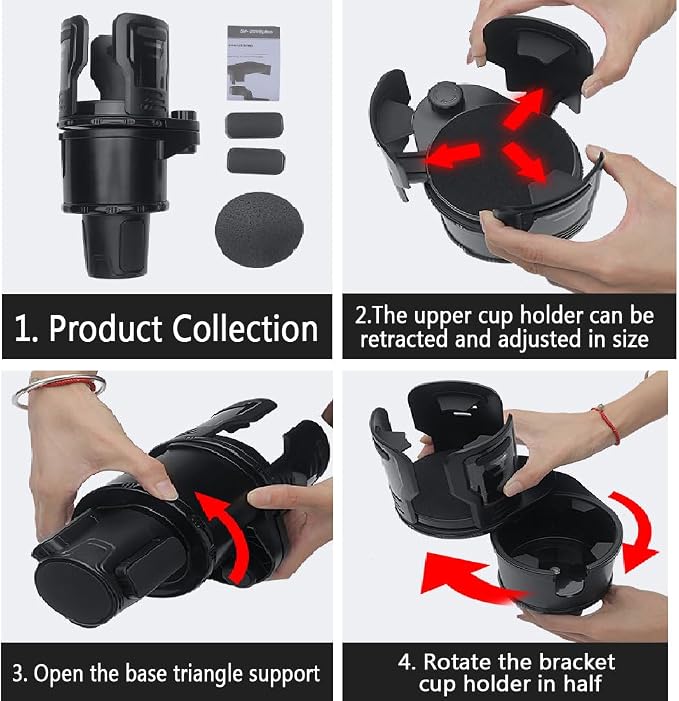 Upgrade Dual Cup Holder Expander, 2 in 1 Multifunction Cup Holder for Car with Lock, 360° Rotating Car Cup Drink Holder with Adjustable Base, Cupholder Expander for Large Water Bottles, Cups