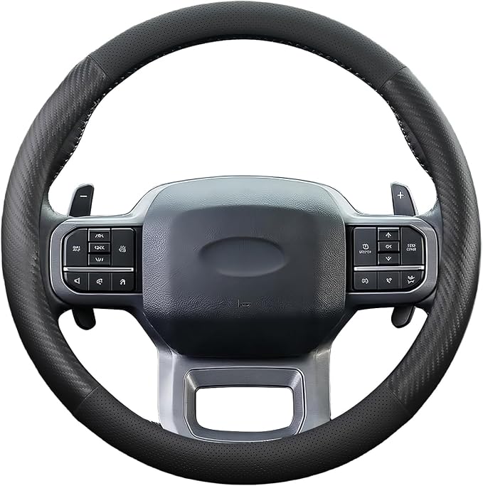 Steering Wheel Cover for Ford F150 F250 F350 1997-2026, Half Carbon Fiber | Compatible with F-150 F-250 F-350, Expedition 2007-2026, Nappa Leather, Anti-slip Grip, Non-slip, Large Size 15.5-16 Inch
