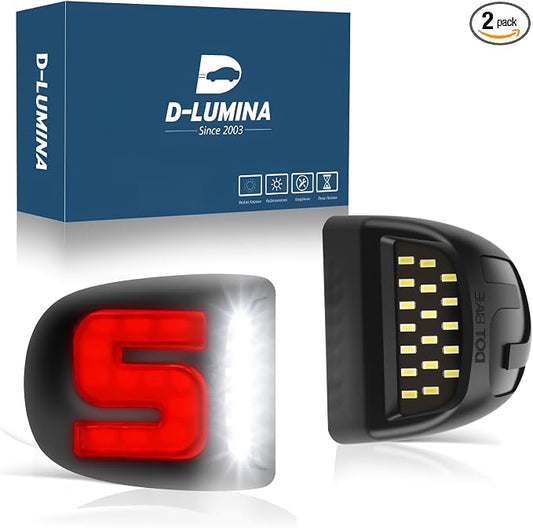 D-Lumina LED License Plate Lights Tag Lamp S-Shaped Red Light Strip for Chevy Silverado GMC Sierra 1500 2500 3500 Suburban Tahoe Cadillac Escalade, Powered by 18-SMD 6000K White Tag Light, Pack of 2