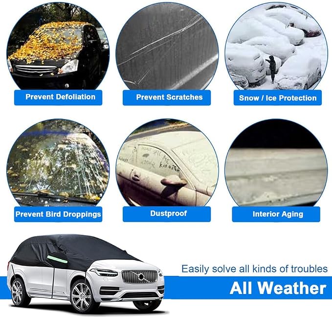 Universal SUV Half Car Cover Waterproof All Weather, Hail Protector Car Body Covers Outdoor Indoor for All Season Windproof Dustproof UV Resistant Snowproof Protect Your Windshield and Roof