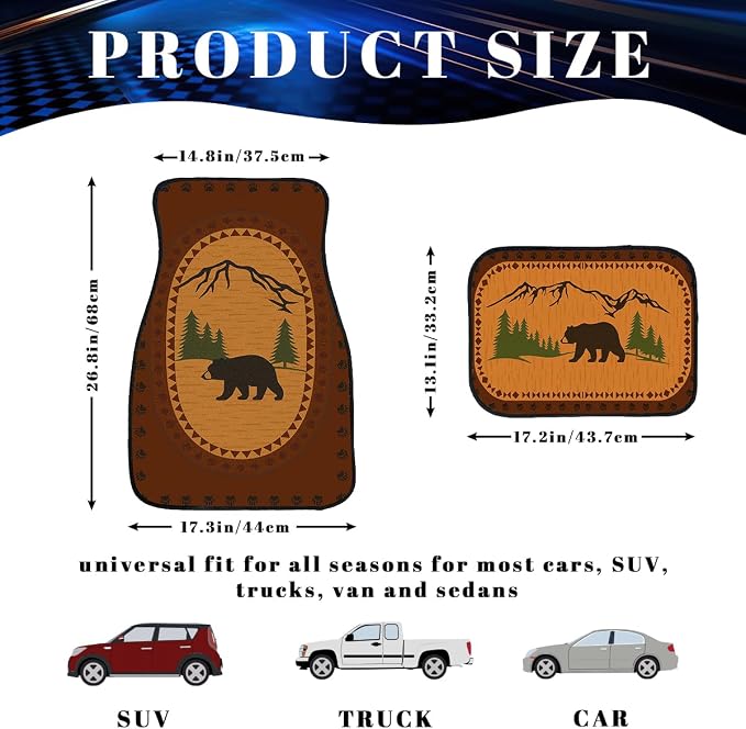 Bear Car Floor Mats Rustic Mountain Pine Forest Cabin Carpet Front Rear Carpets Mat Decorative Car Floor Carpets Non-Slip Auto Car Accessories Universal Fit for Car SUV Truck Van