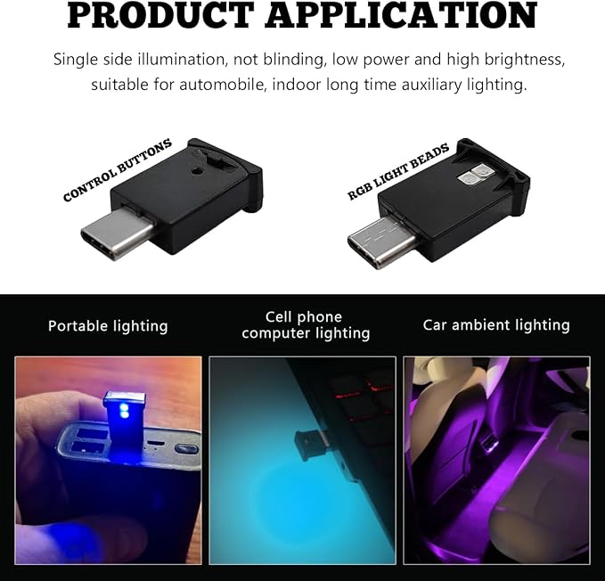 USB Type C LED Ambient Light, 8 Colors RGB LED Car Atmosphere Lamp with Adjustable Brightness, 5V Plug-in USB Night Lights Interior Decoration for Vehicle Home Office
