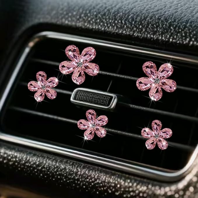Zpana Bling Daisy Flower Car Air Vent Clips, 5PCS Sparkling Crystal Rhinestone Cute Vehicle Air Conditioning Clamp, Diamond Auto Air Outlet Clip Decor for Women Girls, Universal Fit (Pink)