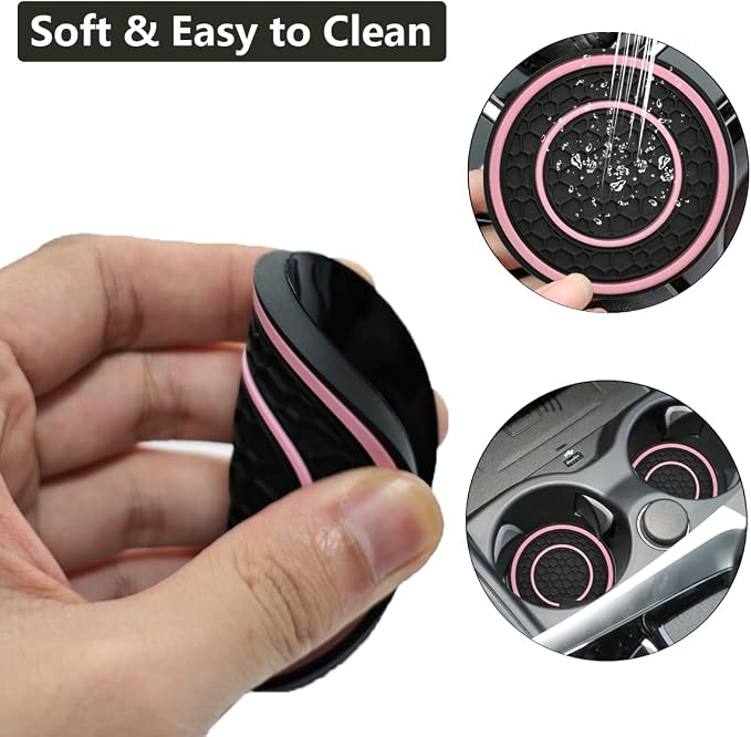 Car Cup Coaster Universal Automotive Waterproof Non-Slip Cup Holders Sift-Proof Spill Holder Car Interior Accessories 4 Pack Black & Pink