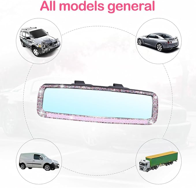Bling Car Rear View Mirror, Rhinestones Crystal Clip-on Rearview Mirror with HD Glass, Compatible with Most Cars, SUVs, Vehicles, Auto Interior Accessories for Women Girl (Pink)