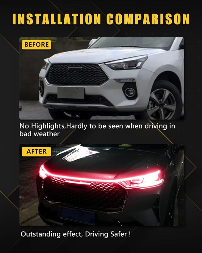YM E-Bright Led Hood Light Strip Exterior Car Led Strip Light Waterproof Flexible DRL Dynamic Scan Start Up Hoodbeam Kit Daytime Running Lights for Car, Truck, SUV, 12V 59inch, Red, 1 Set