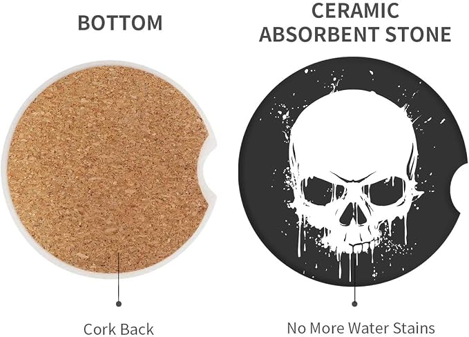 Britimes Absorbent Car Coasters 2 Pack for Cup Holders, 2.56" Ceramic Stone & Non-Scratch Cork Base Drink Coasters Skull1