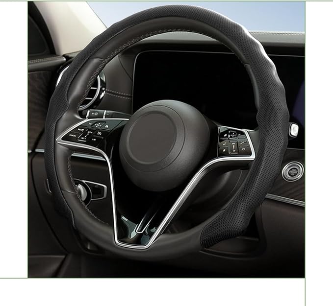 Car Steering Wheel Cover, 15 inch Nappa Leather Anti-Slip & Ultra-Thin 5D Vehicle Steering Wheel Protector, Breathable Automotive Interior Accessories, Universal Fit (Black)