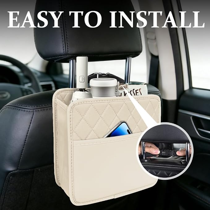 Car Seat Back Organizer, Car Organizers and Storage, PU Leather Vehicle Backseat Hanging Storage Pocket, Multipurpose Auto Organizer Hanging Universal for Most Vehicles (Beige without Pocket)