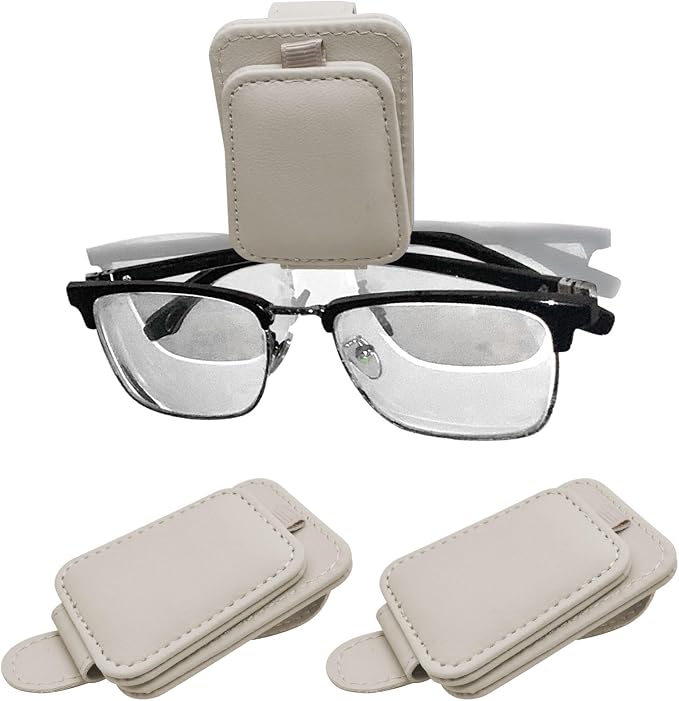 2 Pack Magnetic Leather Car Sunglass Holder, Beige | Leather Glasses Eyeglass Hanger Clip for Car, Sunglass Clip Glasses Holder for Car Visor