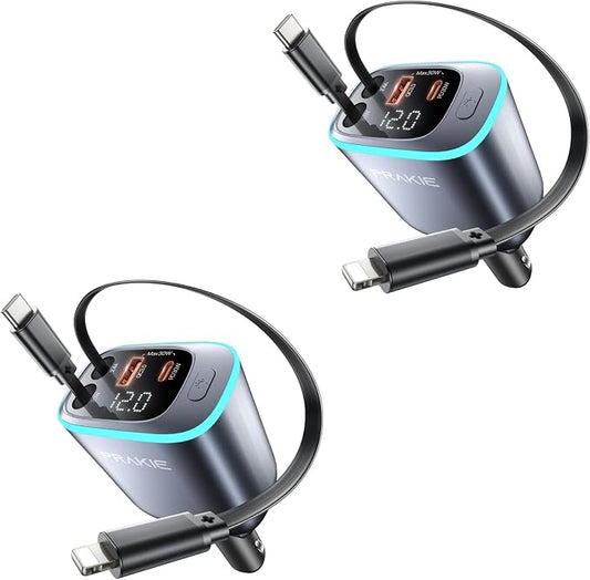 4 in 1 Car Charger, Retractable iPhone Car Charger Fast USB C Phone Charger | Cigarette Lighter with 2 Cable 25 Inch and 2 USB Ports, Multi Port USB Car Charging for iPhone 17/16/15/14/13 Pro Max-2Pack