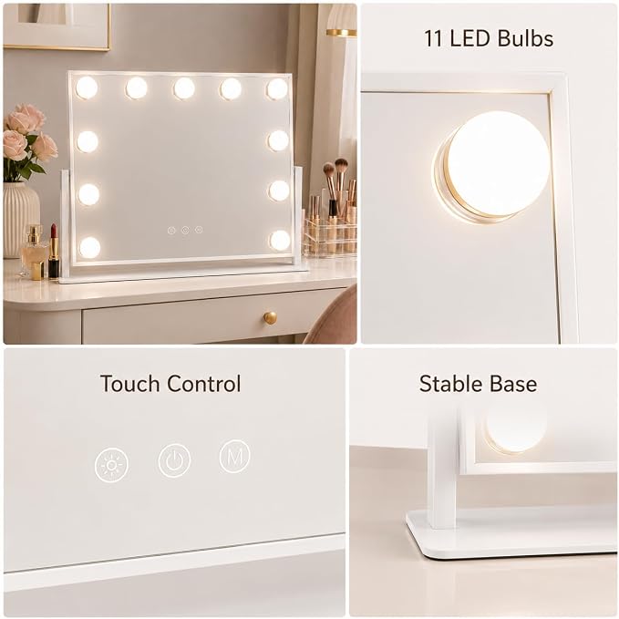 FENNIO Horizontal Hollywood Vanity Mirror with Lights, 17" x 13" Lighted Makeup Mirror with 11 Dimmable LED Bulbs, 3 Color Lights, Touch Control, Tabletop Vanity Mirror for Makeup Desk, White