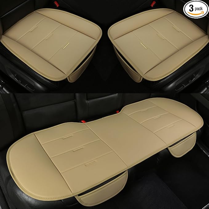 West Llama Bottom Seat Covers, Include 1 Pair Front Seat Protector and 1 Rear Seat Cover, Universal PU Leather Seat Covers for 90% Cars (Beige)