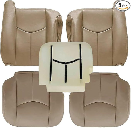 SecosAutoparts Driver & Passenger Bottom & Top Lean Back & Driver Foam Replacement Leather Seat Covers Tan# 522 Compatible with Chevy Tahoe Suburban Silverado Avalanche GMC Sierra 2003 2004 2005 2006