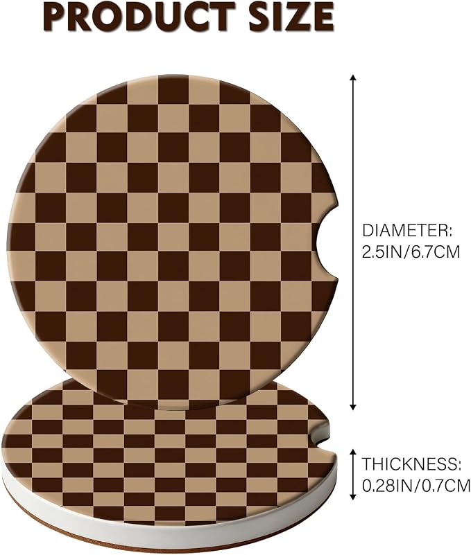 2 Pack Car Coasters for Cup Holders, Absorbent Ceramic Cup Coaster with Cork Base and Finger Notch, Cute Car Accessories Interior for Women Men (Grid-Brown)