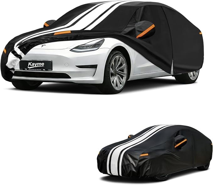 Kayme Heavy Duty Car Cover Custom Fit for Tesla 3/Model 3 (2017-2026) Waterproof All Weather for Automobiles, Gift with Tape/Towel, Outdoor Full Exterior Cover Rain Snow Sun UV Protection.