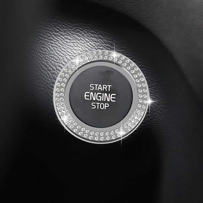 Car Bling Crystal Rhinestone Engine Start Decoration Ring, Ring Start Button Cover Sticker Key Ignition & Knob Ring Decoration, Bling Car Interior Accessories for Women (White)