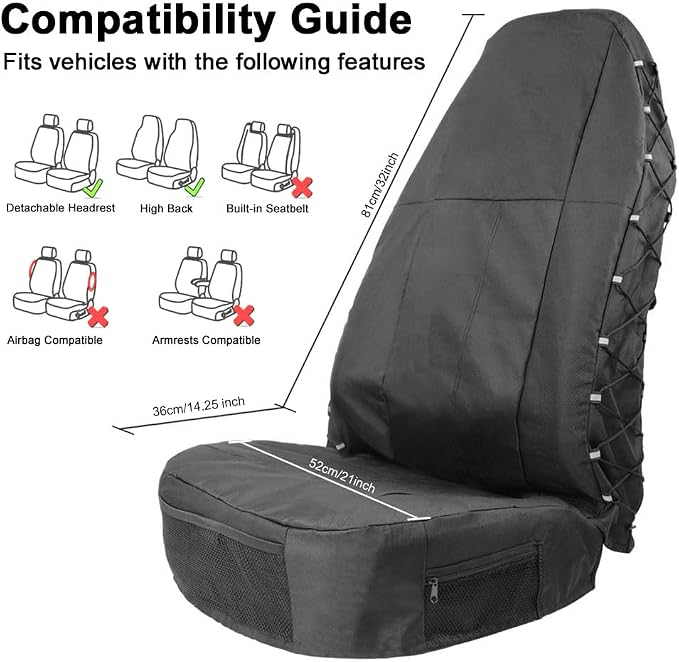 TIROL Waterproof Front Seat Covers High Back Seat Cover Bucket Seat Covers with Multi-Pockets for Semi Truck Cars Van SUV Pickup (2PCS)