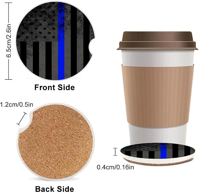 2 Pack Absorbent Car Coasters for Cup Holders,Ceramic Coasters with Cork Back and Finger Slot,Cool Cupholder Accessories to Keep Your Car Cup Holders Clean and Dry 2.56"(Blue Line USA Flag)