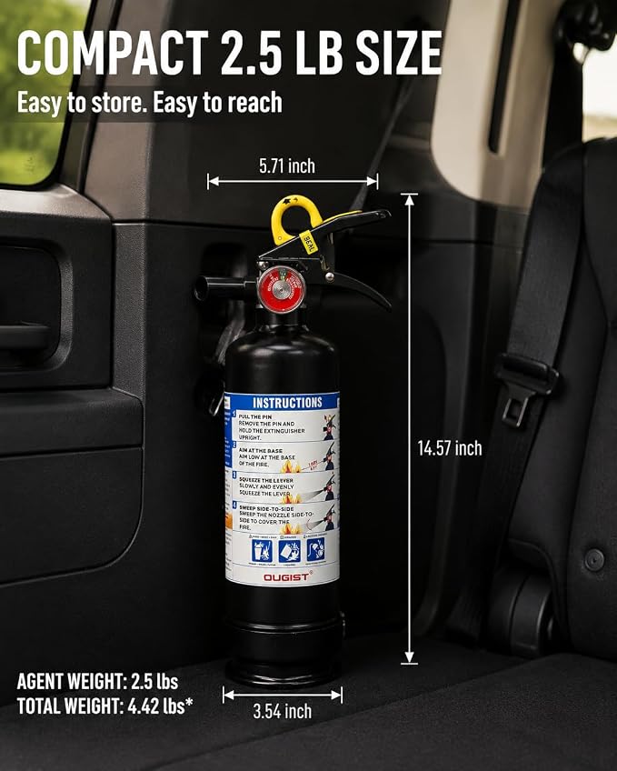 Ougist Car Fire Extinguisher, 1-A:10-B:C, FF1KG, 2.5lb Dry Chemical, 1 Pack | Automotive Multi-Purpose Extinguisher for Small Vehicle Fires In Cars, Trucks and Rvs; Compact Body with Quick-Release Handle