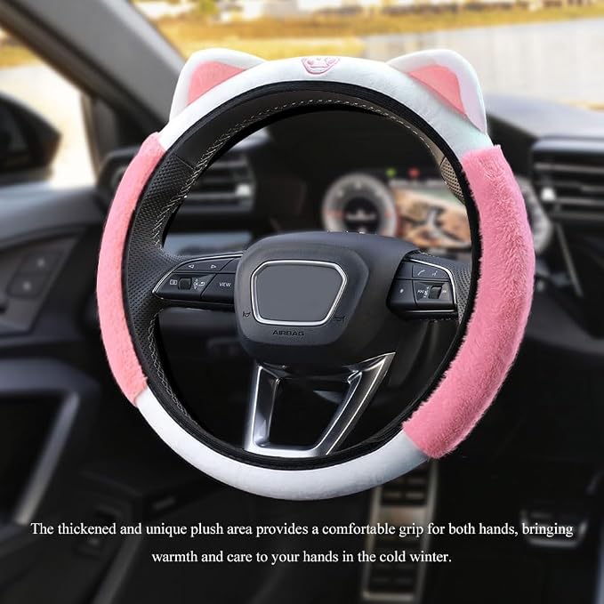 Car Steering Wheel Cover, 15 Inch Fluffy Soft Plush Auto Protector, Anti-Slip Elastic Lovely Car Cover Accessories with Kitty Cat Ears Universal for Most Cars (Fluffy-White+Light Pink)