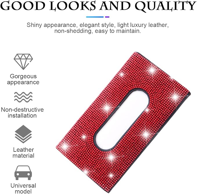 Bling Car Sun Visor Tissue Box Holder, Rhinestone PU Leather Crystal Sparkling Napkin Holder, Backseat Paper Towel Cover Case Car Accessories for Women (Red)