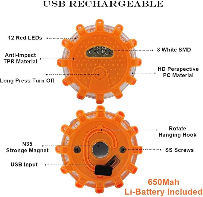 Ecoangel USB Rechargeable LED Road Flares Emergency Lights-Roadside Warning Car Safety Beacon Flashing Disc Flare Kit with Magnetic Base for Vehicles & Boat | 12 Beacon Disc Pack
